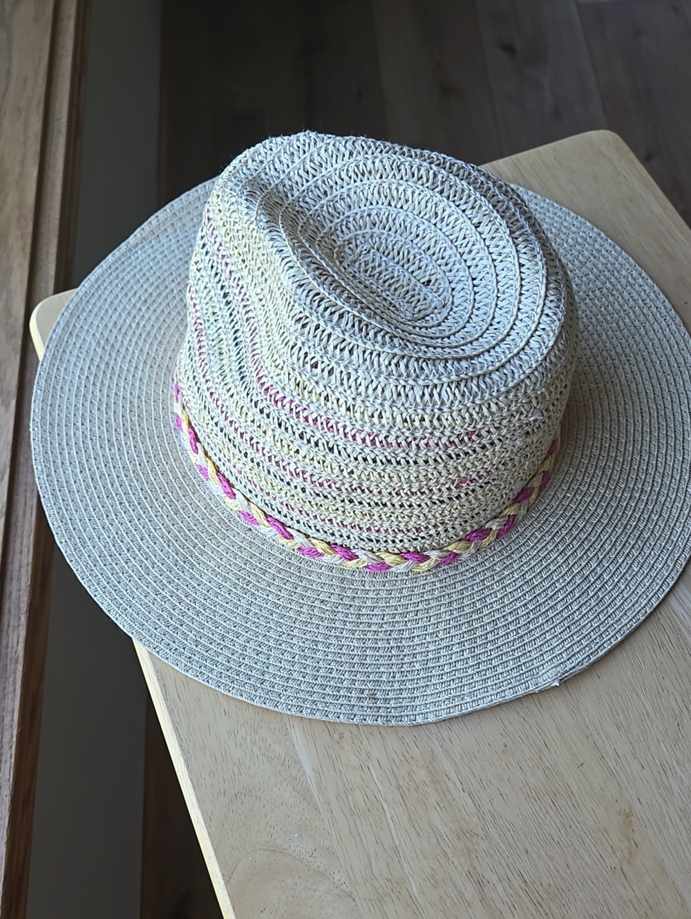 Fedora Braided Sun Hat Pink Yellow Braided Band Cream Tan Festival Vacation - Picture 9 of 16